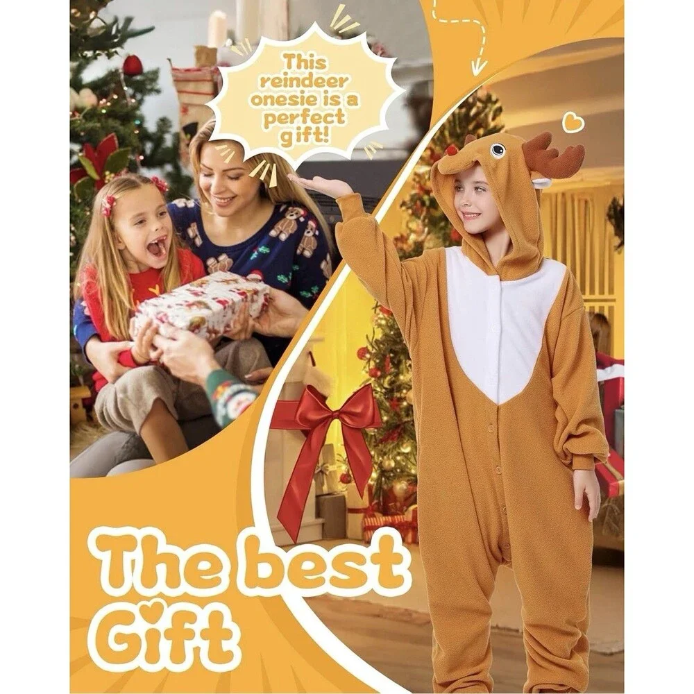 Kids Reindeer One Piece Pajamas Unisex Christmas Cosplay Costume - 5T - NEW